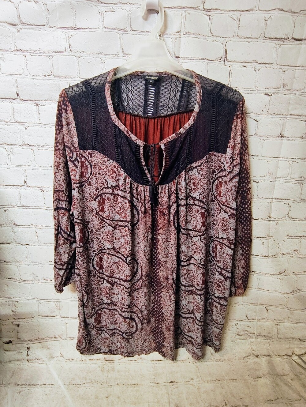 Lucky Brand Boho 3X Purple Crochet Back Tunic Paisley Top Gypsy
